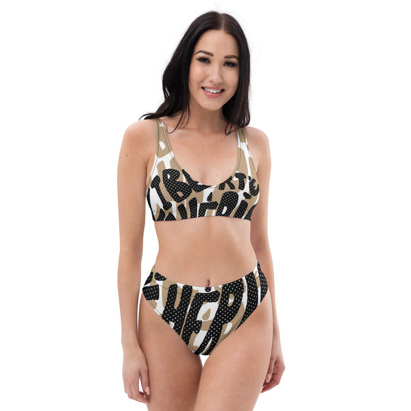 Liberté Chérie™ | <b>Maillot De Bain Éco-Responsable Taille Haute Noir Beige Mon Coeur</b>