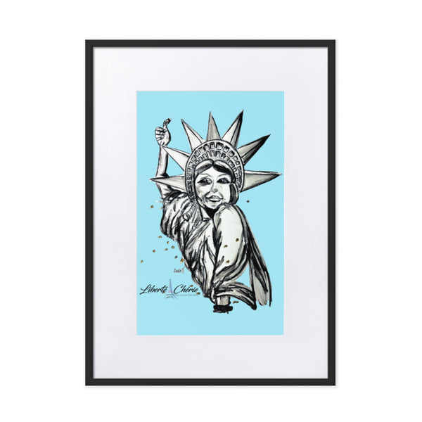 Liberté Chérie™ | <b>Affiche Pop Art Féministe Encadrée Statut : Libéré Bleu</b>