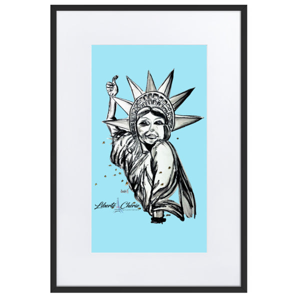 Liberté Chérie™ | <b>Affiche Pop Art Féministe Encadrée Statut : Libéré Bleu</b>